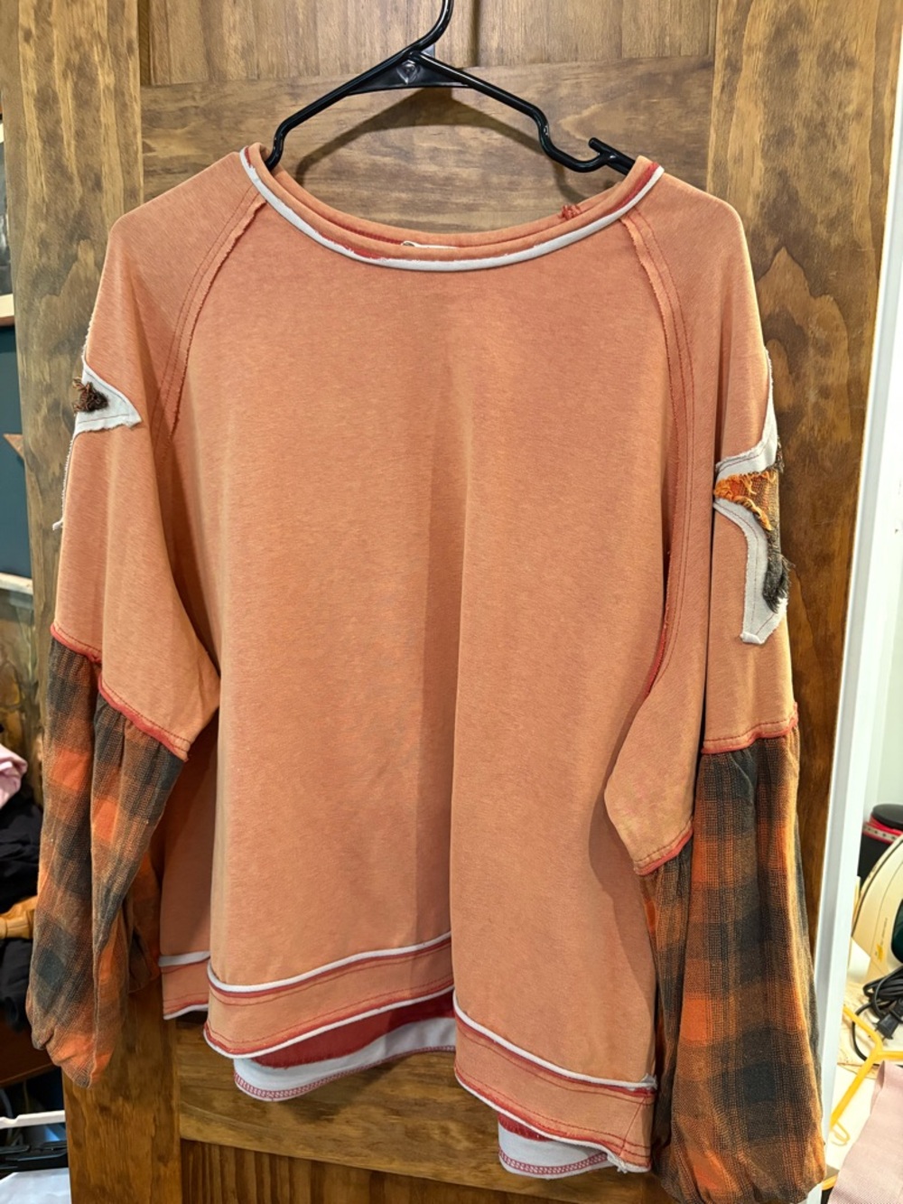 easel Rust Orange Pullover with Plaid Layered Sleeves